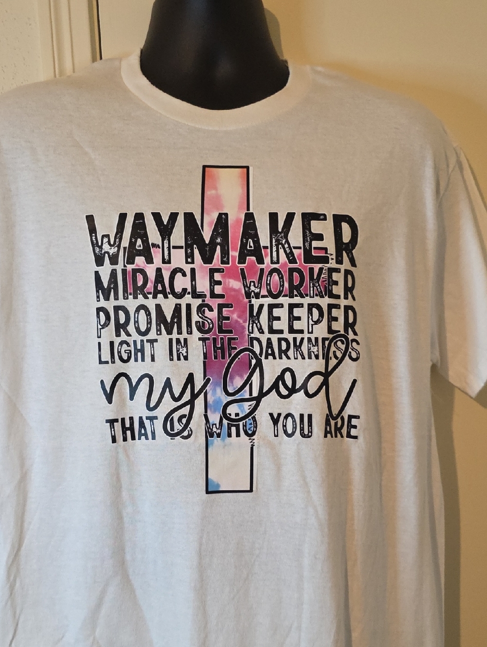 Gildan White Tee with Pink and Blue Cross Graphic - Picture 2 of 8